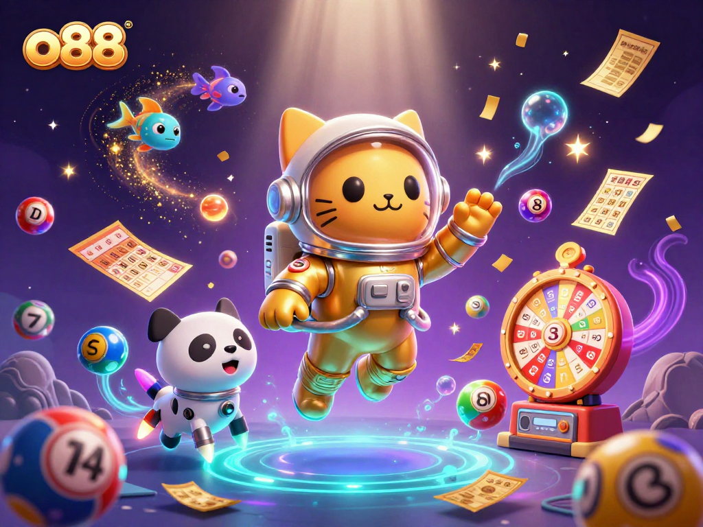 Experience thrilling gameplay at o88 with a vibrant 3D gaming scene featuring lottery action and colorful characters.