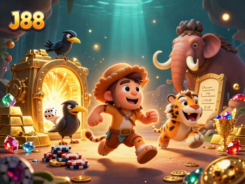Experience the thrill of J88 with dynamic caveman and sabertooth tiger in a vibrant casino.