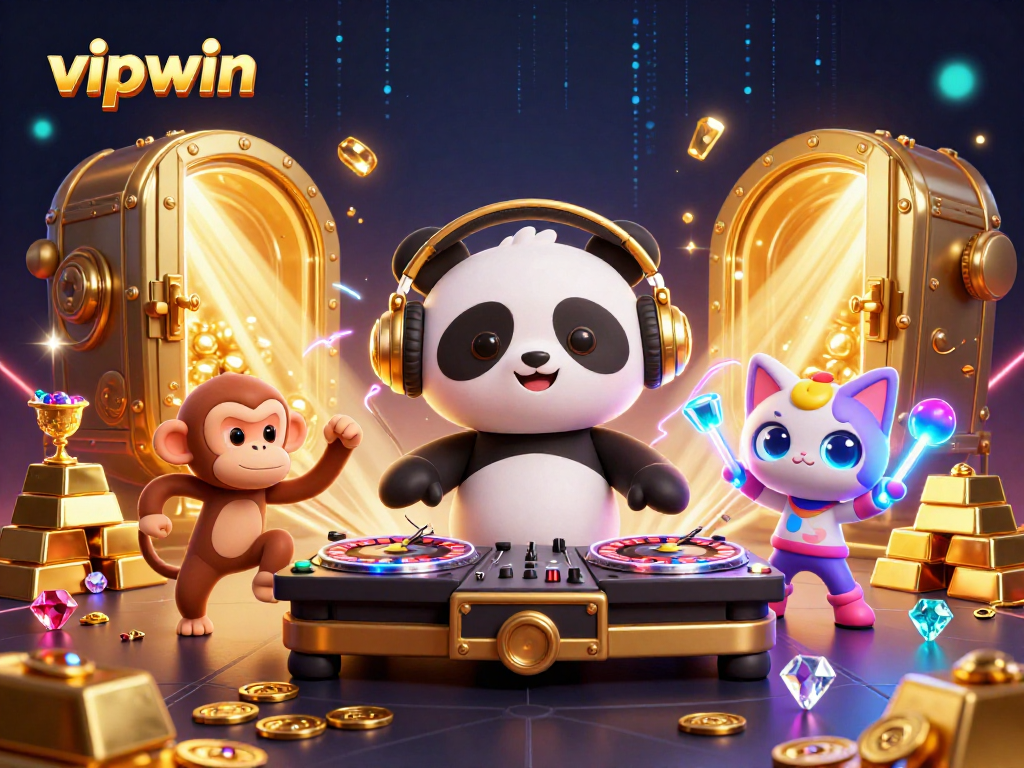 Join the vibrant fun at vipwin with a DJ panda spinning roulette wheels, breakdancing monkey, and glowing kitten!
