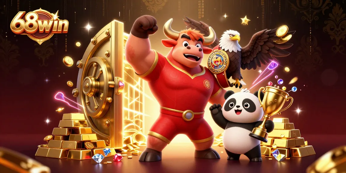Celebrate wins with 68win featuring a bull mascot, eagle, and panda in a lively casino scene.