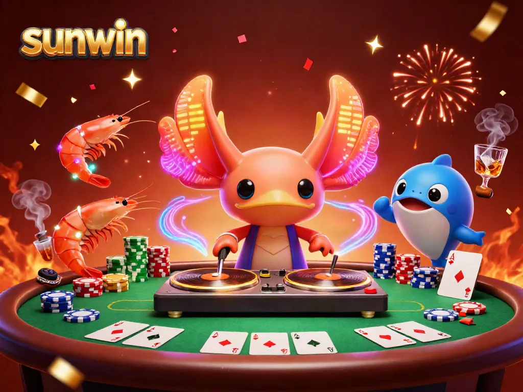 Engage with sunwin action as neon axolotl DJ spins for enthusiastic shrimp dancers at an electrifying casino party.