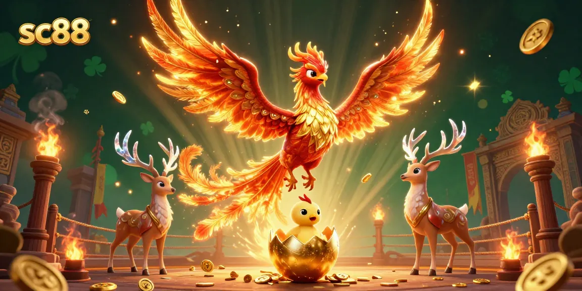 Witness the exciting action at sc88, where a vibrant fire phoenix emerges alongside a mystical stag in a rich, dynamic casino scene.
