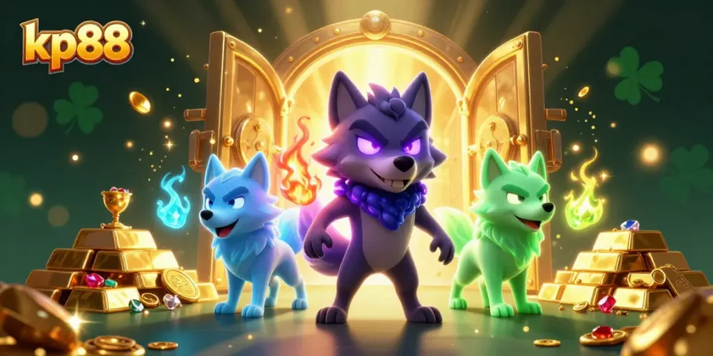 Experience the thrill of kp88 casino gaming with a vibrant 3D wolf pack and treasure scene.