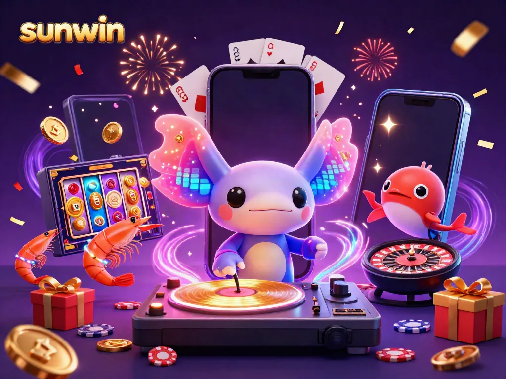 Engage with sunwin's vibrant casino world through a 3D neon scene of an axolotl DJ and lively sea creatures.
