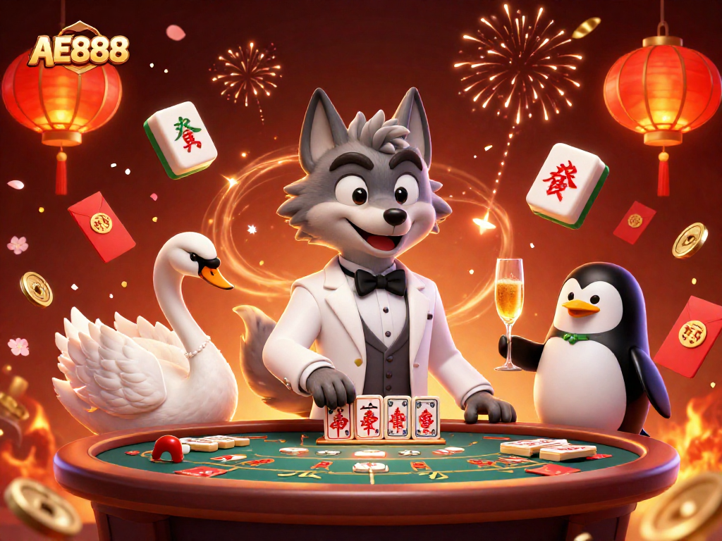 Experience the excitement of AE888 with a vibrant 3D casino scene featuring a baccarat table and dynamic characters.