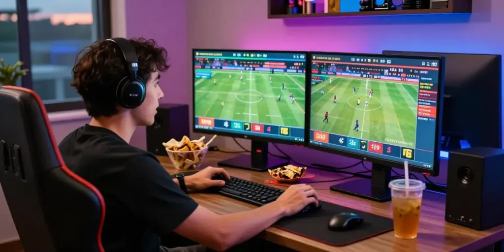 Player engaged in online betting with Link M88 on dual monitors in a dynamic gaming environment.