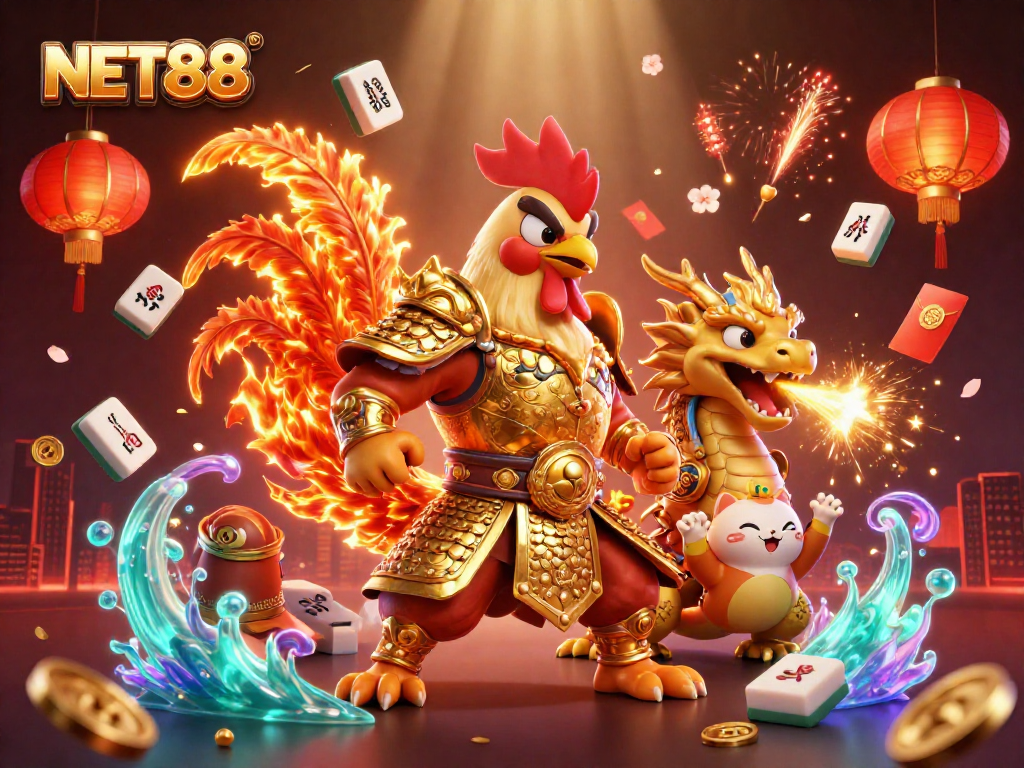 Experience the thrill of NET88 with vibrant characters and dynamic casino elements in a magical setting.