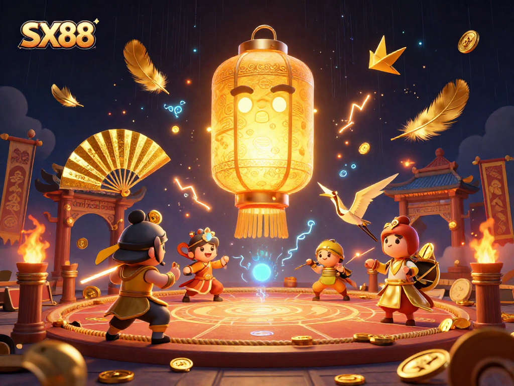 SX88 gamers spin the reels with a magical golden lantern spirit illuminating a night casino.
