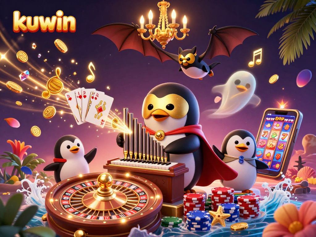 kuwin engages players with a vibrant 3D casino scene featuring sparkling coins and a whimsical penguin playing music.