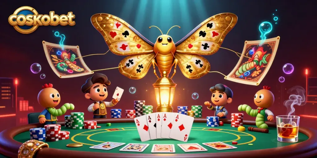 Play at cosmobet with vibrant casino themes, poker chips, and golden moths.