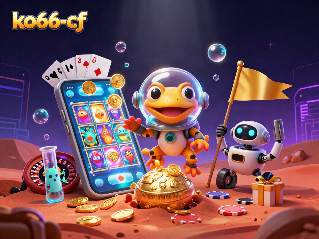ko66-cf showcases an adventurous Martian gecko exploring a golden casino in a vibrant illustration.
