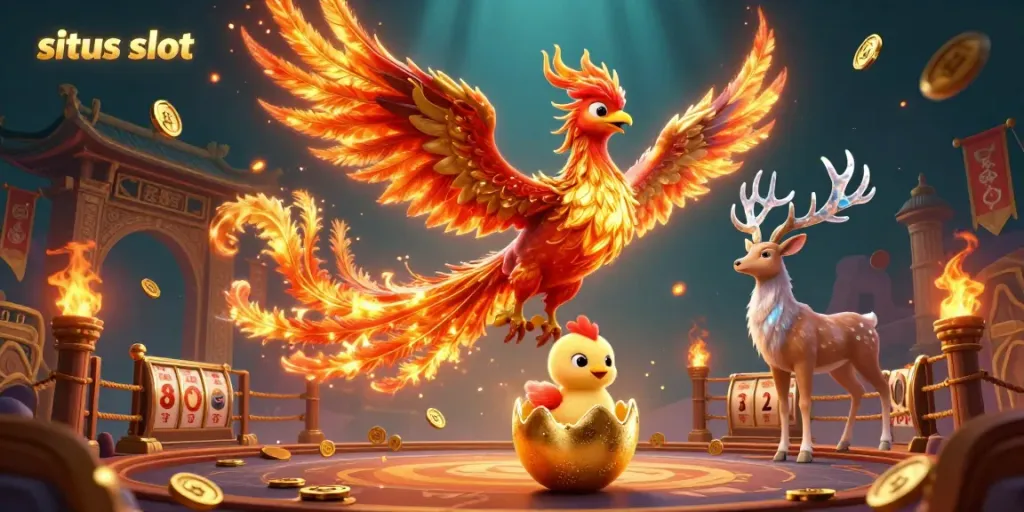 Experience exciting gameplay at situs slot with a phoenix and mystical stag in a vibrant casino scene.
