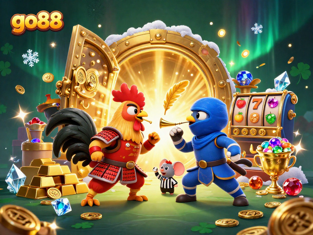 Experience thrilling slot action with go88 as twin fighting roosters battle surrounded by treasure and excitement.