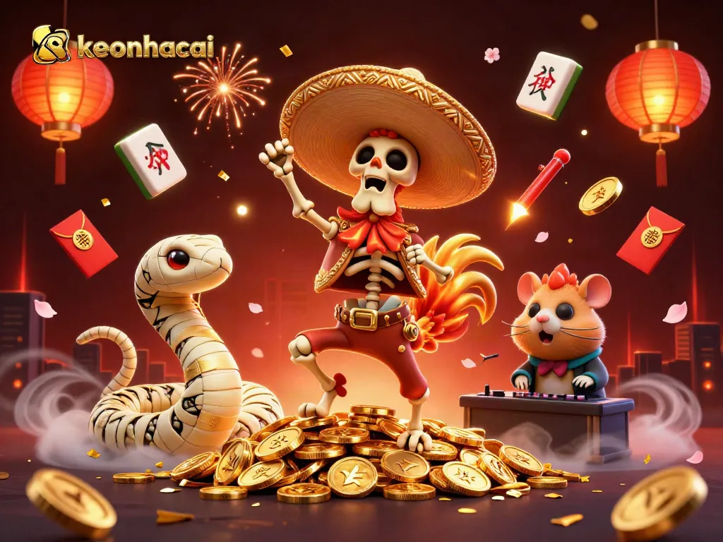 Experience keonhacai's vibrant casino vibes with a dancing mariachi and dynamic gaming elements.