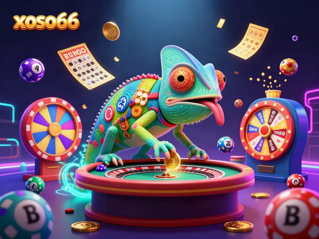 Immerse in the vibrant xoso66 casino scene, where a chameleon owner captures golden coins amidst exciting games.