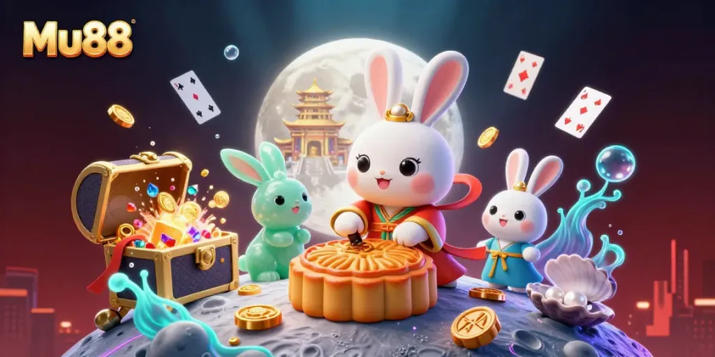 Engage with Mu88 as the moon rabbit unveils golden poker chips amidst rich casino-themed elements.