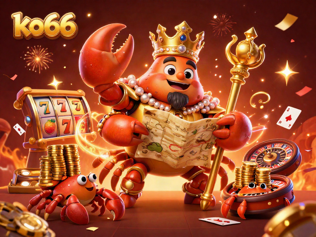 Experience the thrill at ko66 with lively casino elements and a golden crab emperor.