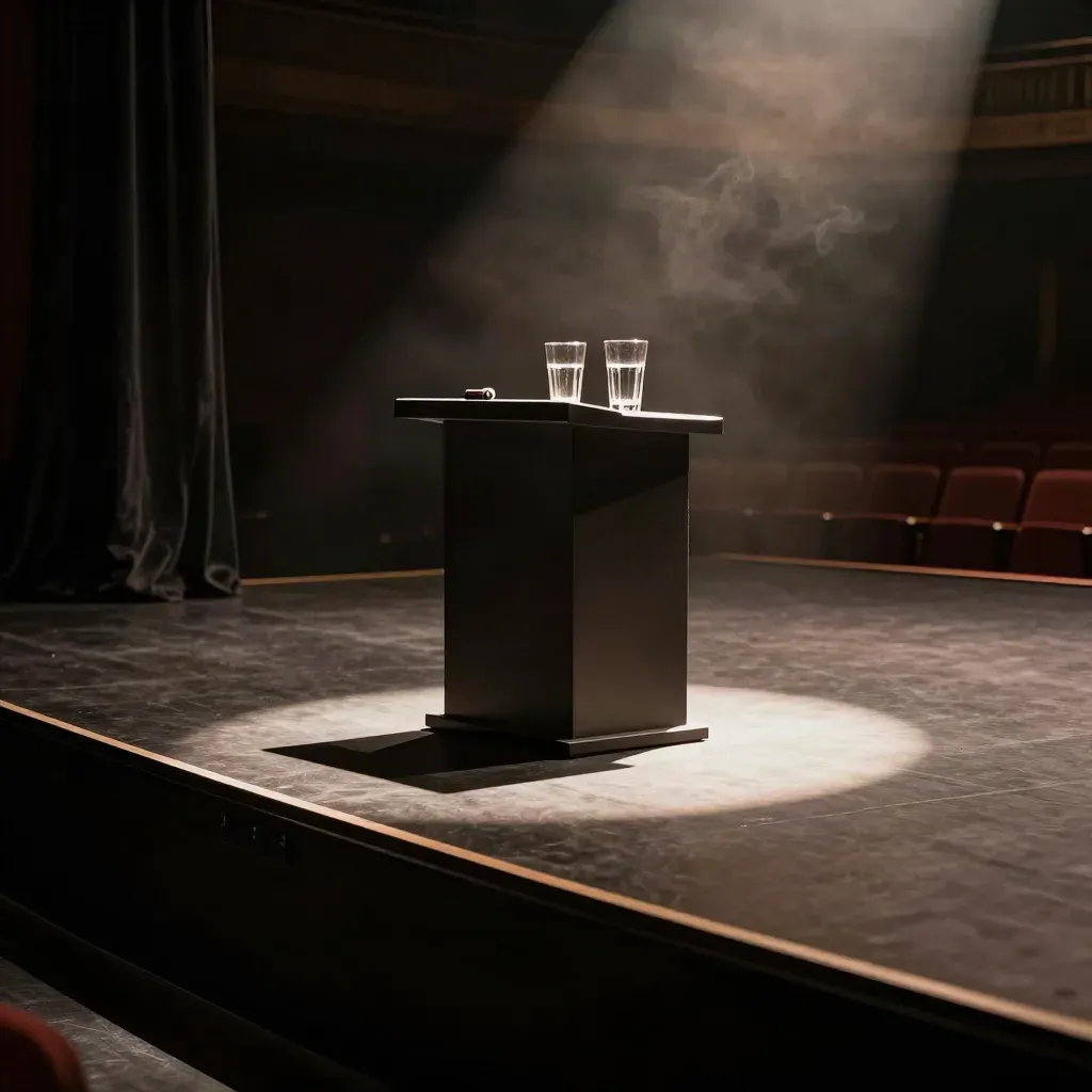 Low-angle stage setup with podium, water glasses, clicker, spotlight circle and haze.