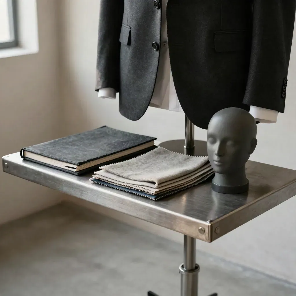 Charcoal jacket and white shirt on a rail with swatches and a matte head-form stand
