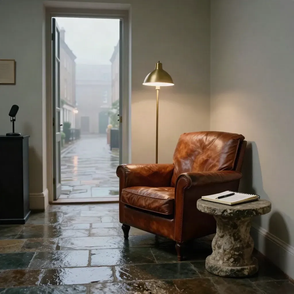 Rainy Georgian coaching studio with leather chair, brass lamp, stone table, notebook, pen and mic