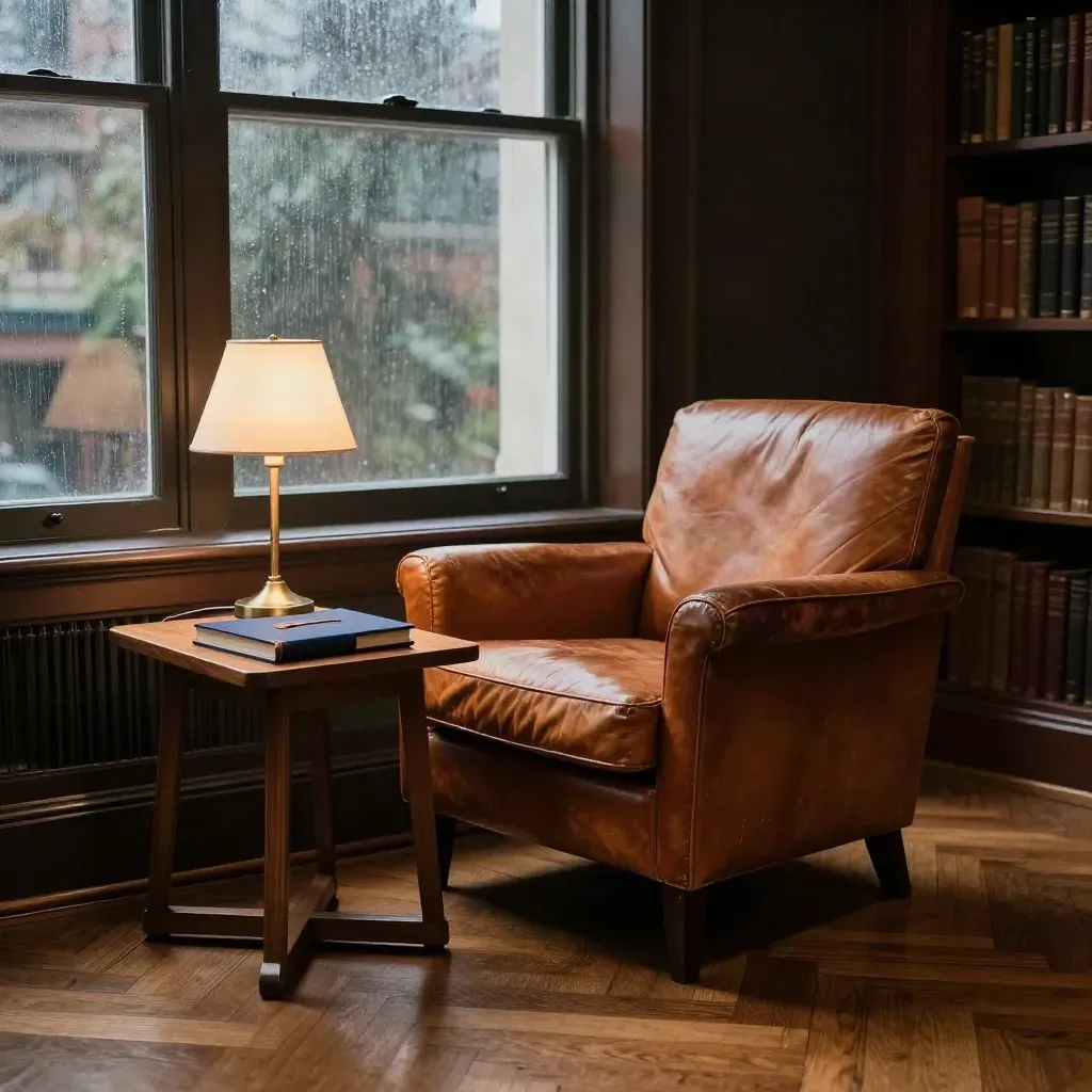 Leather coaching chair beside brass lamp and closed folio in a warm library corner