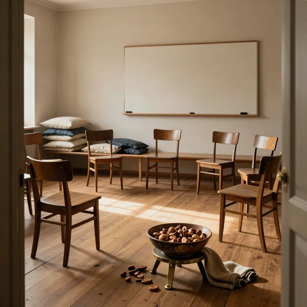 Empty workshop room set for a coaching session with chairs, cushions, tokens and a turned board.