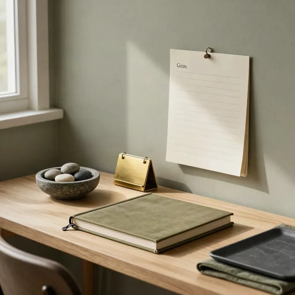 Closed notebook, calendar block, pebble bowl and pinboard in a moody planning corner.