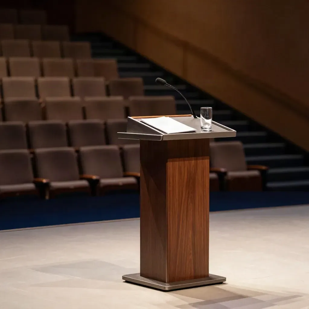 Empty keynote stage kit in a warm auditorium, viewed from the aisle