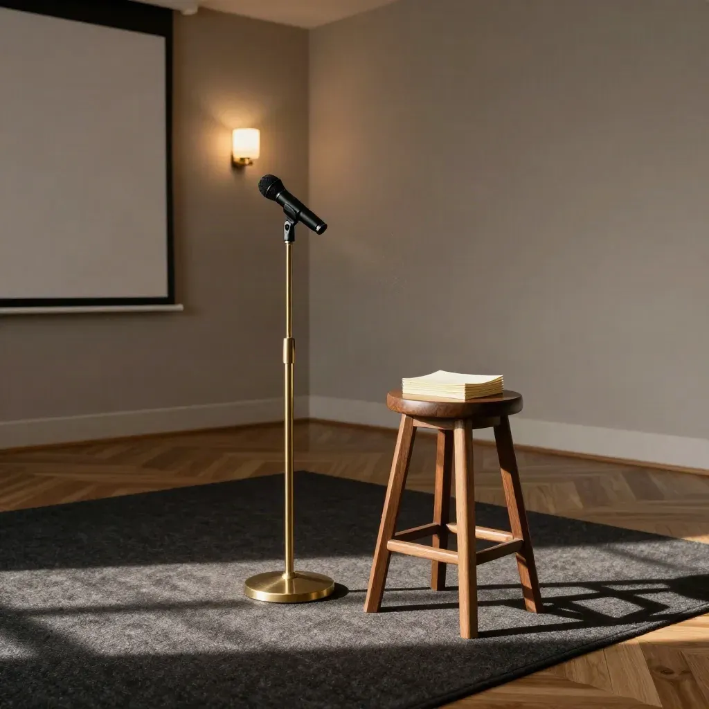 Empty pitch room with microphone, stool, note cards and blank projection wall in warm afternoon light.