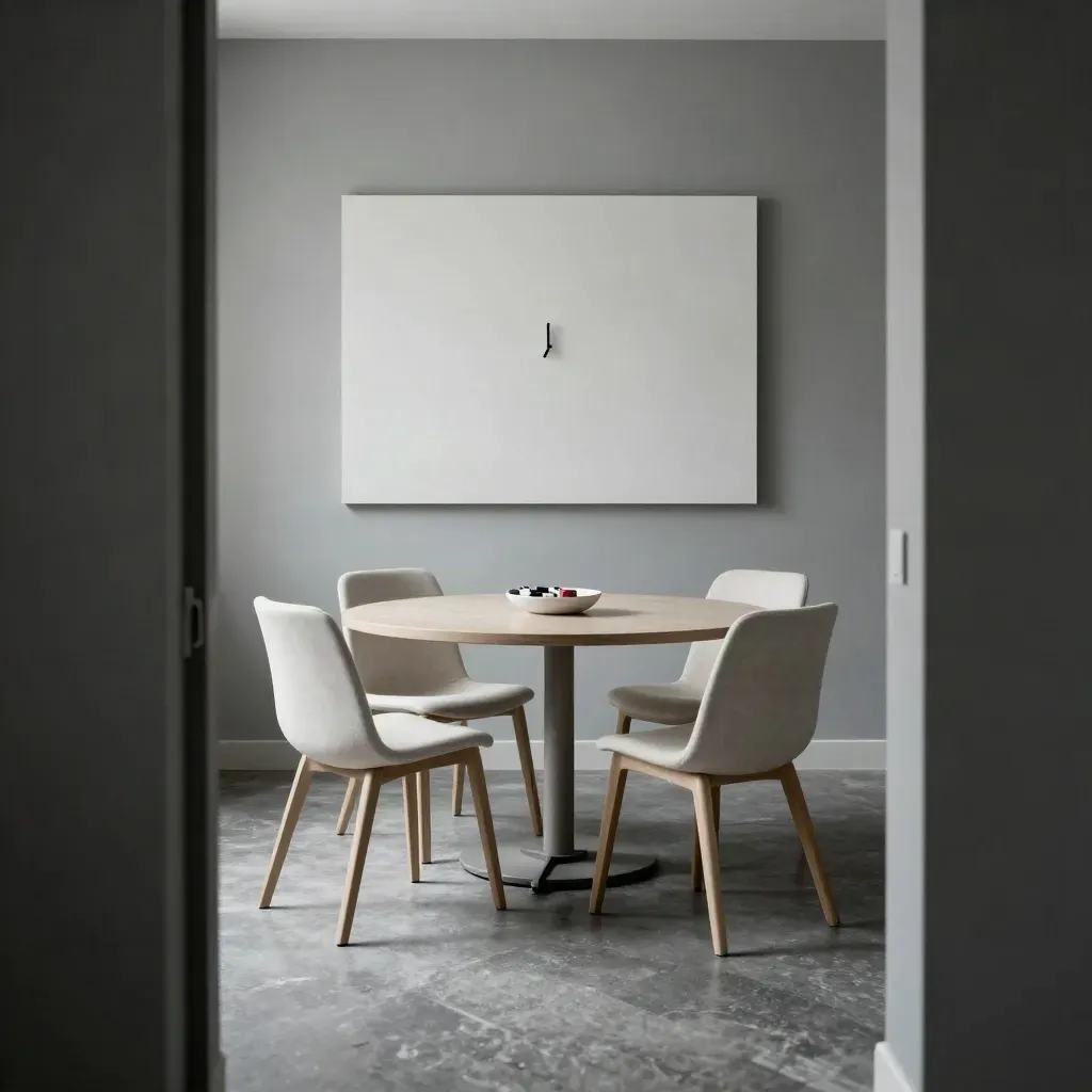Empty huddle room with four chairs, small round table, wall clock, and marker caps in a dish.