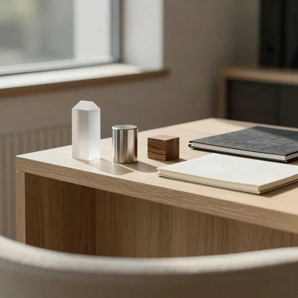Sales demo pedestal with proof objects and notebook in a quiet studio corner