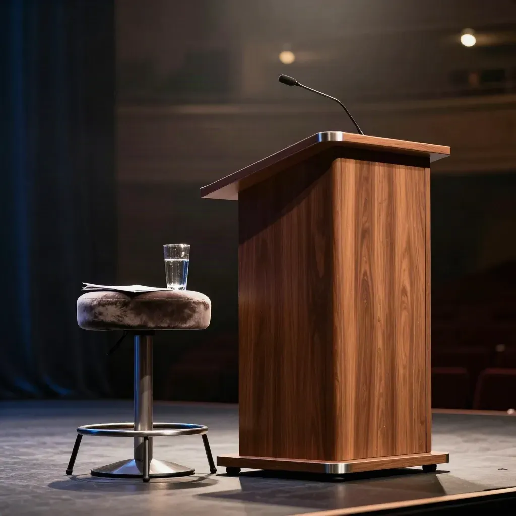 Empty keynote stage with podium, stool, water glass and closed folder in warm light.
