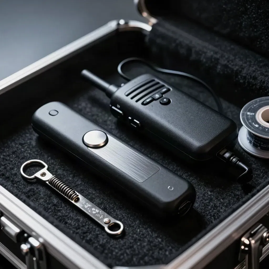 Close-up of presentation gear on black felt: clicker, mic transmitter, cue-card clip and tape spool.