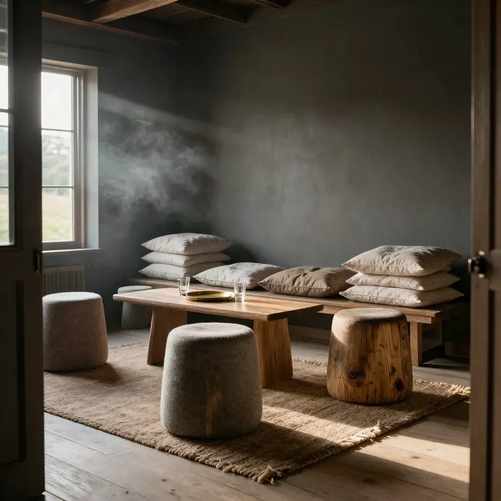 Empty lodge breakout room reset with stools, bench, cushions, and soft morning haze.