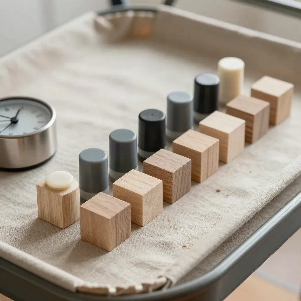 Macro view of workshop blocks, marker caps, timer and tray corner on a textured surface.