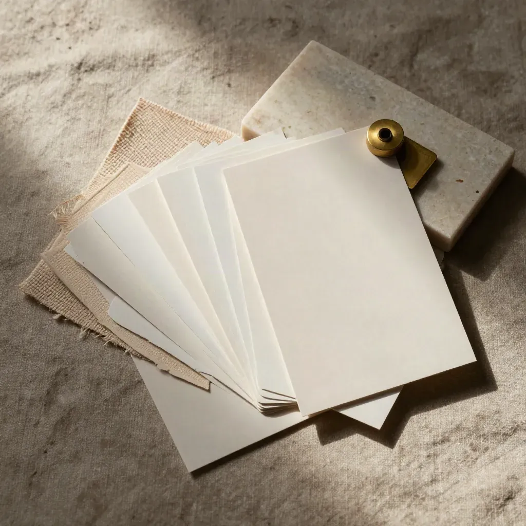 Flat lay of paper swatches, fabric chips, a blank fan deck and stone slab in soft daylight.