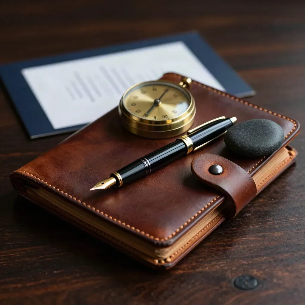 Leather coaching folio, brass timer, fountain pen, and river stone on dark oak