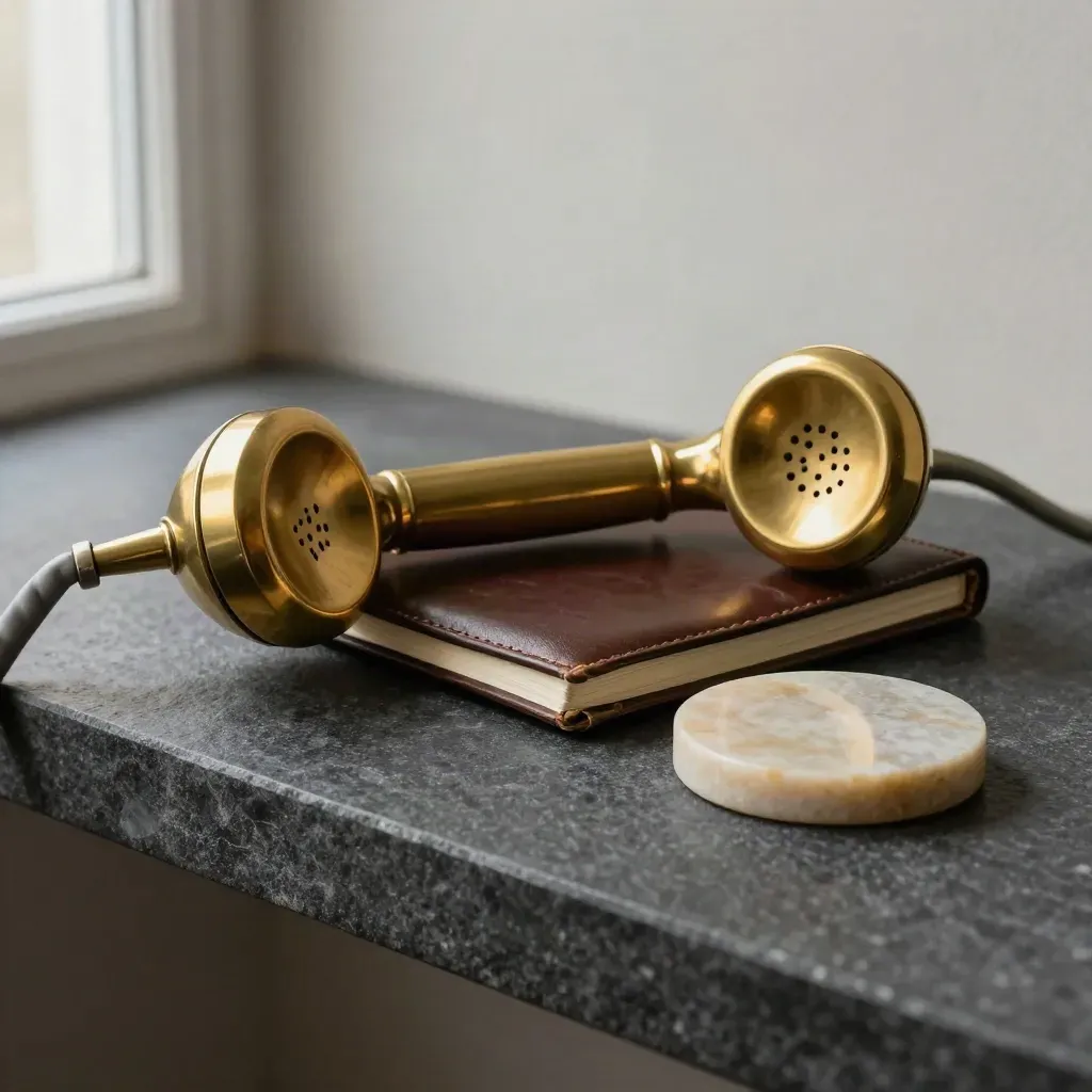 Brass handset beside a leather notebook and stone coaster on a dark stone shelf.