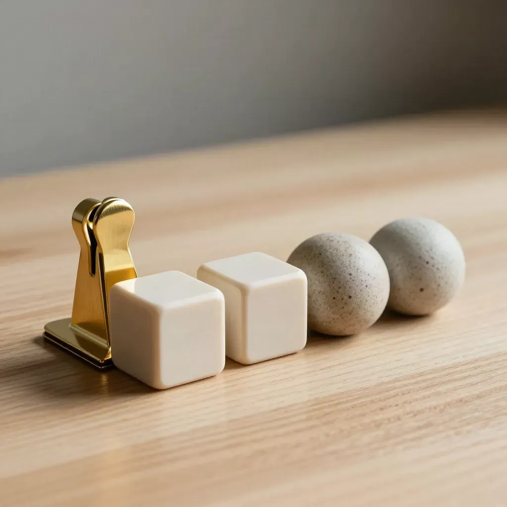 Top-down goal-planning still life with brass clip, stone markers and ivory blocks on pale oak.