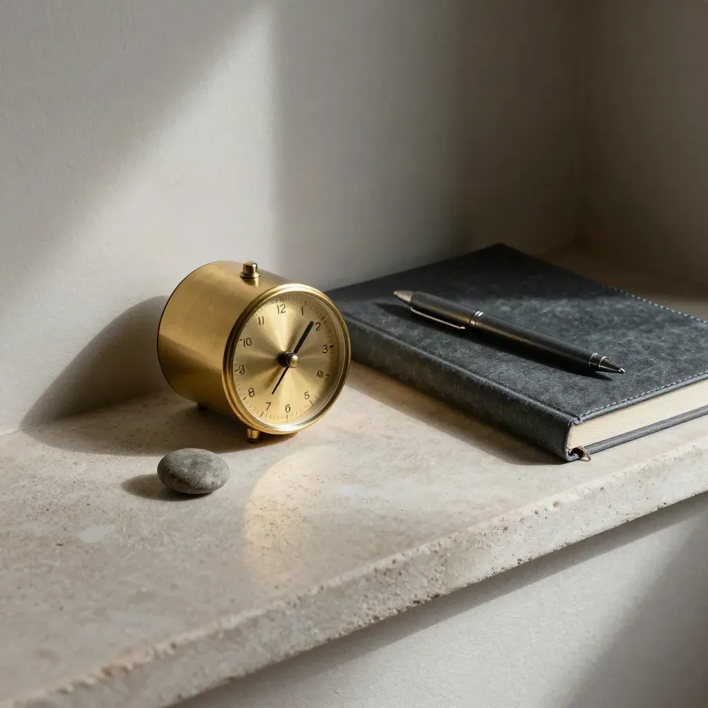 Brass timer, closed notebook, pen and pebble on a stone ledge in soft side light