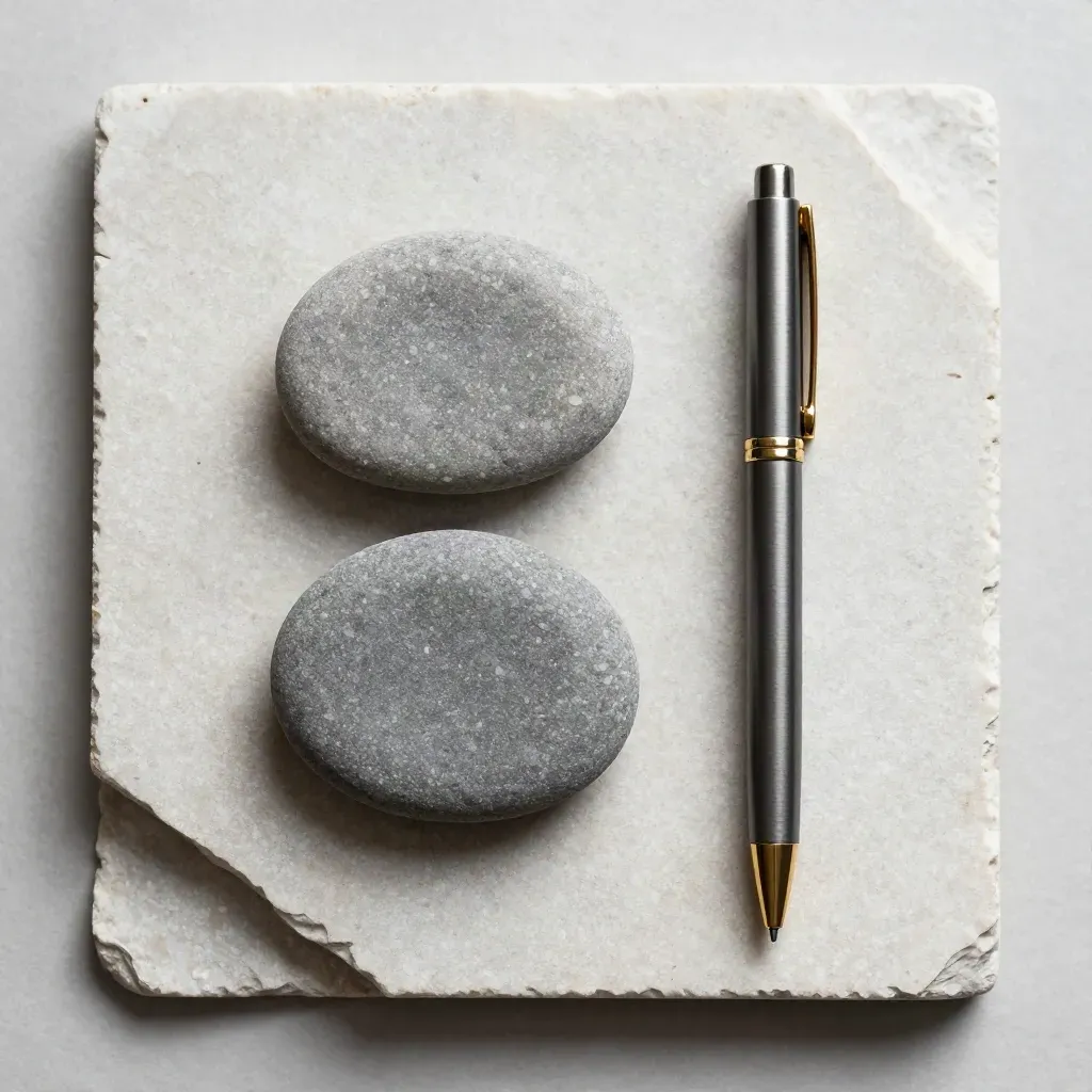 Overhead review flatlay with stacked pebbles, graphite pen, and brass clip on pale stone.
