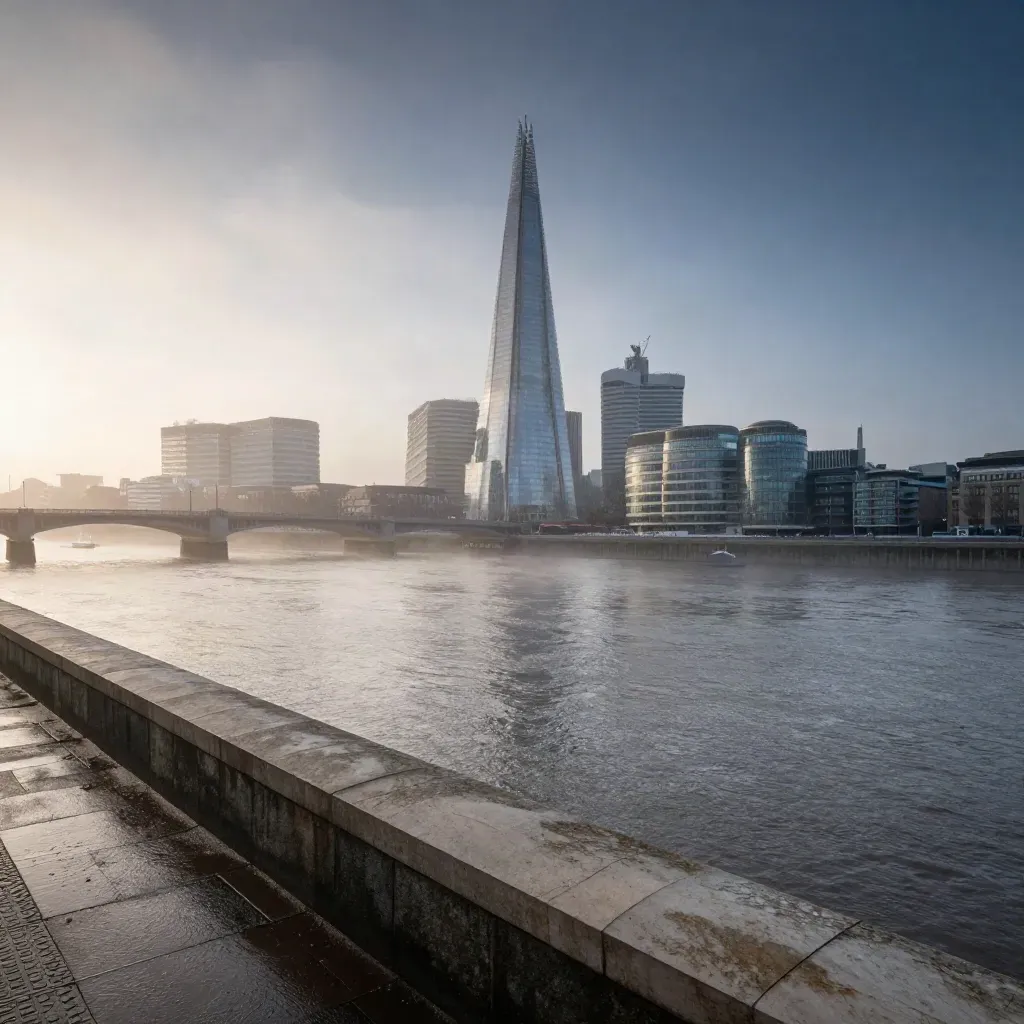 London skyline over the Thames at dawn, the Shard and bridges rising above misty water.