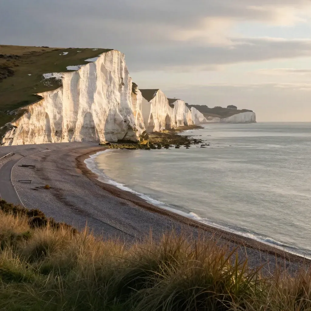Golden-hour chalk cliffs above a calm Channel shoreline with soft haze and open water.