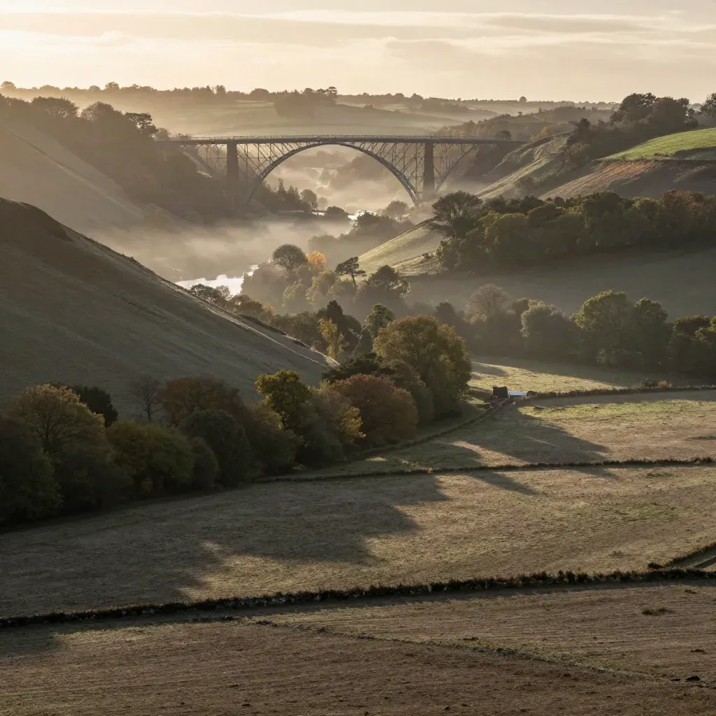 Iron Bridge above a misty wooded West Midlands valley at sunset.
