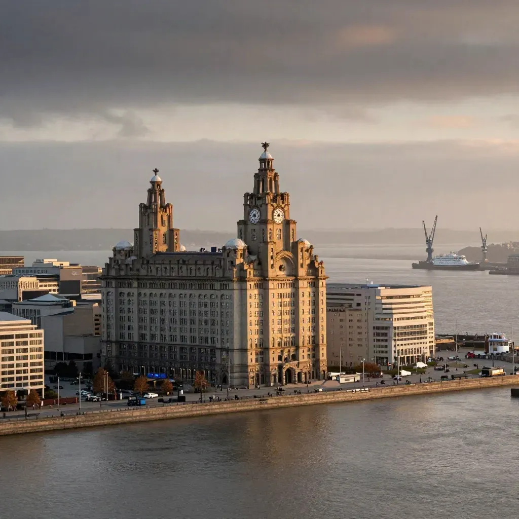Liverpool waterfront skyline over the Mersey at dusk with haze and calm water.