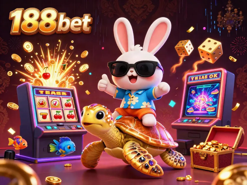 Engage in 188 bet excitement with a lucky rabbit and golden turtle amidst casino chaos.