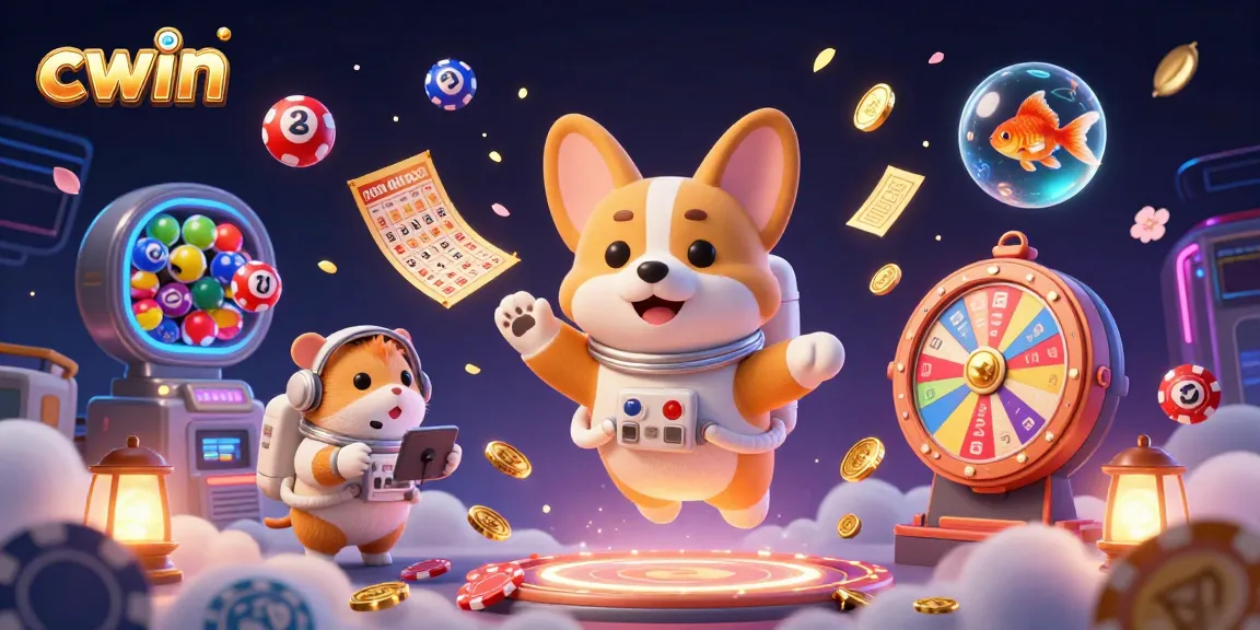 Engage with cwin's vibrant casino space, featuring a 3D corgi astronaut immersed in dynamic gambling elements.