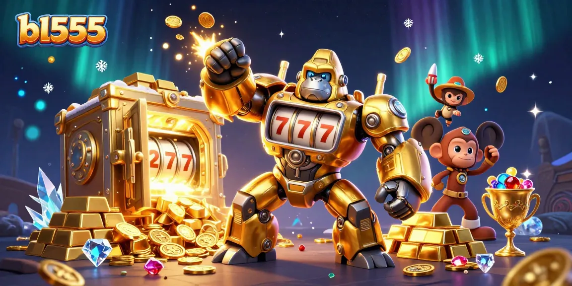Experience the thrill of bl555 with a dynamic 3D illustration showcasing a golden mech, slot machine elements, and treasure.