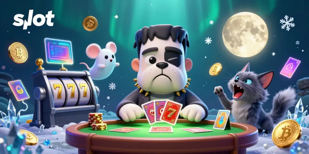 Slot yang meriah ditampilkan dengan Frankenstein bulldog mengocok kartu di meja hijau, dikelilingi oleh koin digital.