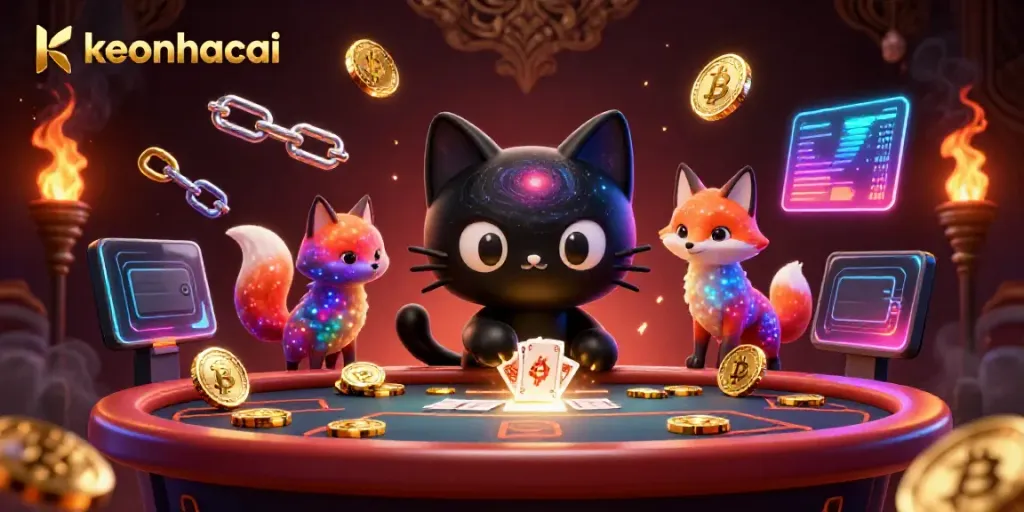Engage with keonhacai at a cosmic casino table, featuring a black hole cat and nebula fox.